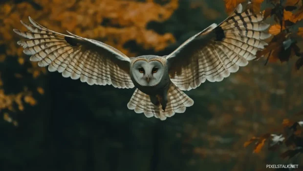 An owl gliding silently above an autumn field, wings outstretched against fading skies.