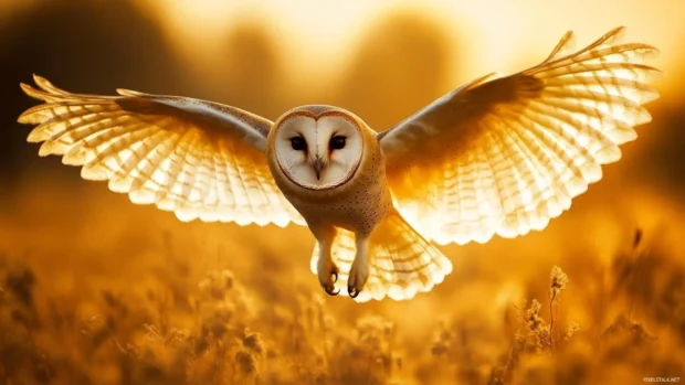 An owl gliding silently above an autumn field, wings outstretched against fading skies.