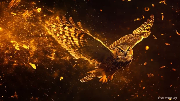 An owl mid flight captured as paint splashes and stardust merge into abstract motion.
