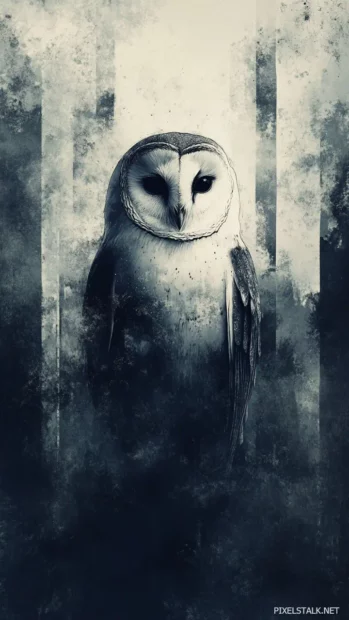 An owl painted in soft ink floating through vertical stripes of stormy light.