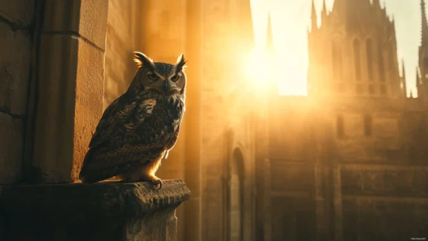 An owl perched inside a cathedral window frame, backlit by soft golden morning light.