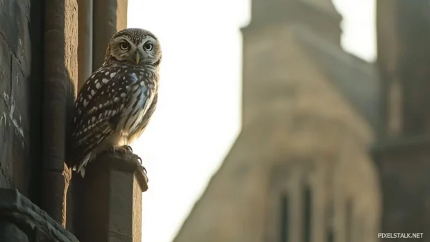 An owl perched inside a cathedral window frame, backlit by soft golden morning light.