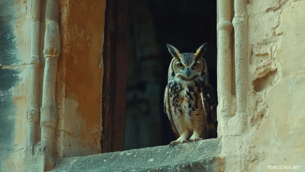 An owl perched inside a cathedral window frame, backlit by soft golden morning light.