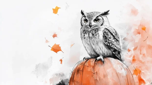 An owl perched on a pumpkin, sketched in soft crayon strokes with falling leaves around it.