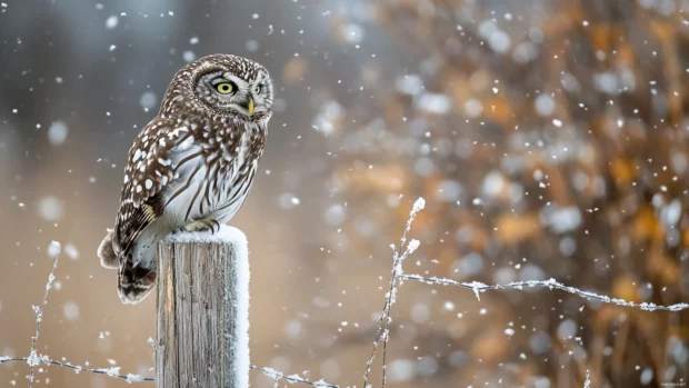 An owl perched on a snowy fence post, flurries swirling around its fluffed feathers.