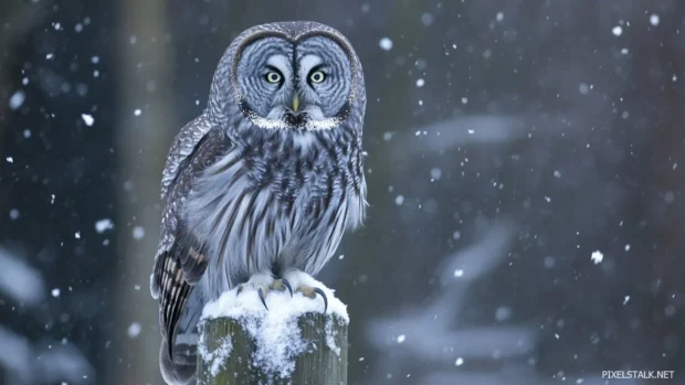 An owl perched on a snowy fence post, flurries swirling around its fluffed feathers.