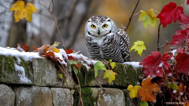 An owl perched on an old stone wall covered in moss and ivy.