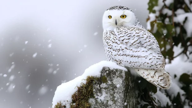 An owl perched on an old stone wall covered in moss and ivy.