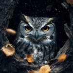 An owl resting in a broken tree trunk with falling leaves swirling around.