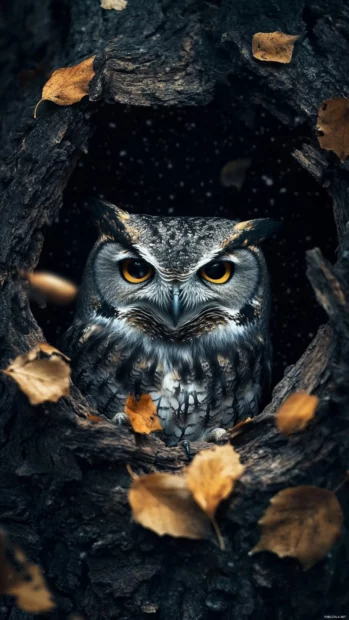 An owl resting in a broken tree trunk with falling leaves swirling around.