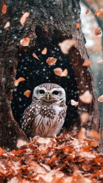 An owl resting in a broken tree trunk with falling leaves swirling around.