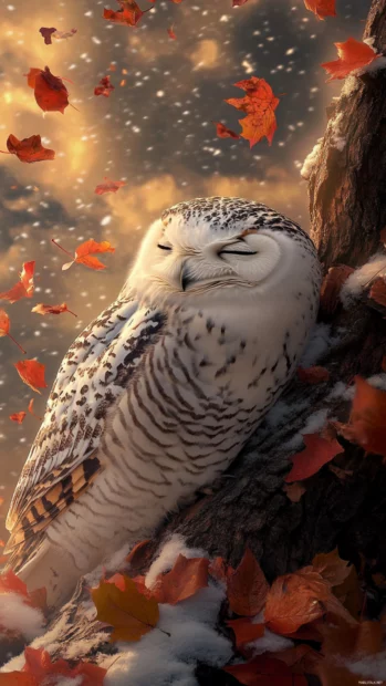 An owl resting in a broken tree trunk with falling leaves swirling around.