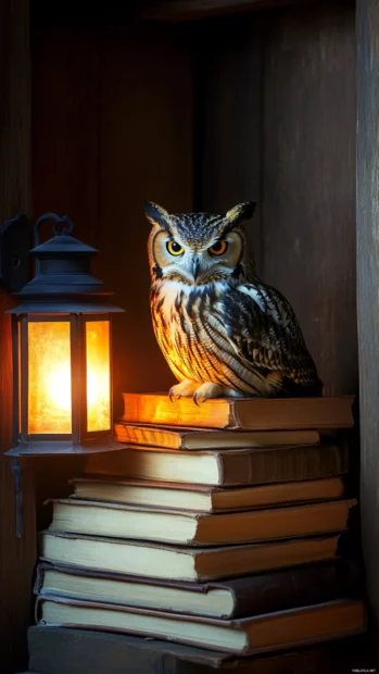 An owl resting on a stack of books beside a glowing lantern, surrounded by shadows.