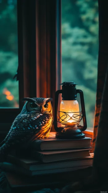 An owl resting on a stack of books beside a glowing lantern, surrounded by shadows.