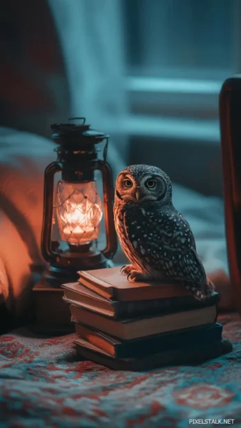 An owl resting on a stack of books beside a glowing lantern, surrounded by shadows.