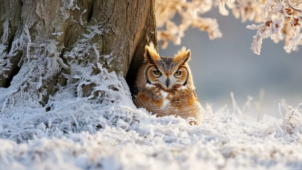 An owl resting quietly at the base of a frost covered tree, its feathers fluffed against the cold.