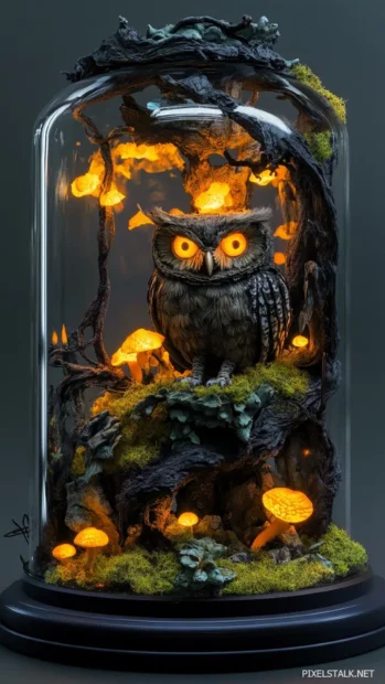 An owl sitting in a glass jar terrarium with glowing moss and mushrooms.