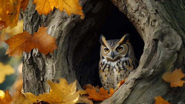 An owl sitting in the hollow of an old oak tree, surrounded by falling leaves and shadows.