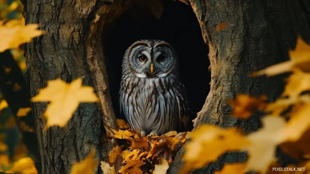 An owl sitting in the hollow of an old oak tree, surrounded by falling leaves and shadows.