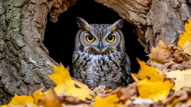 An owl sitting in the hollow of an old oak tree, surrounded by falling leaves and shadows.
