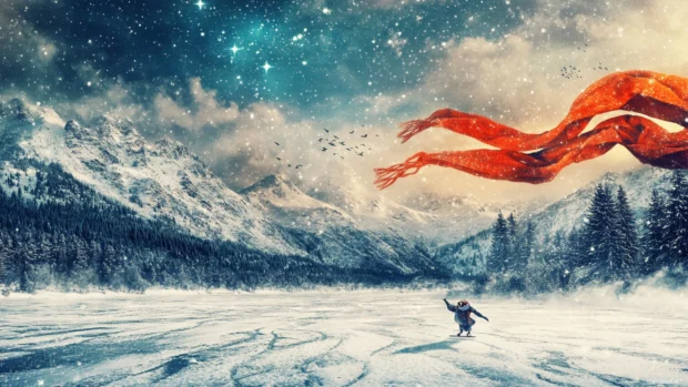 An owl skating on a frozen lake, scarf blowing in the wind, stars above.