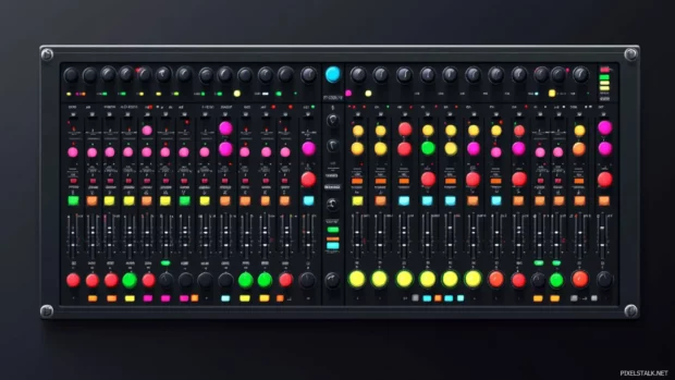 Analog mixer board with colorful sliders and knobs.