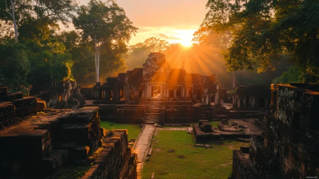 Ancient ruins bathed in early morning sunrise.