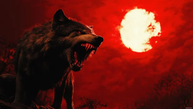 Angry wolf wallpaper showing a black wolf baring its fangs under a blood red sky.