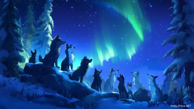 Animated style wolf pack gathered under the northern lights in playful postures.
