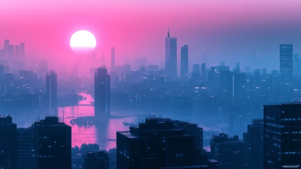 Anime cityscape featuring basic shapes and a calming color gradient.