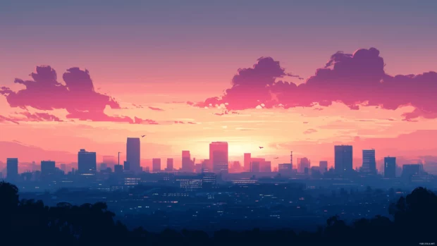 Anime cityscape in cartoon style, featuring basic buildings and a peaceful sky.