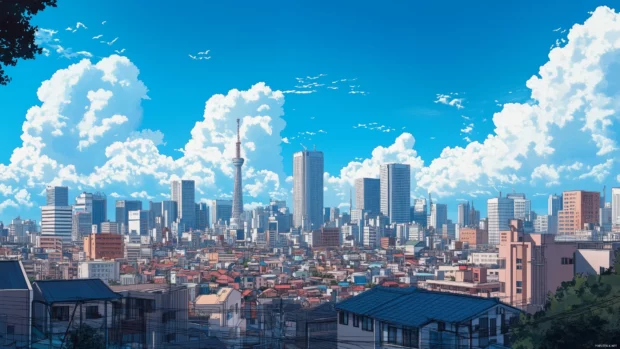 Anime cityscape with basic forms and a vibrant, clear sky.