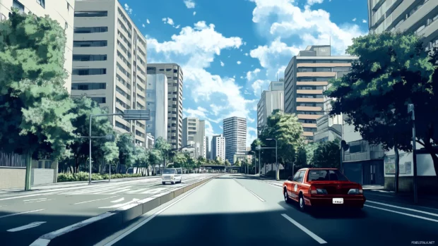Anime cityscape with sharp lines and a vibrant, clear horizon.