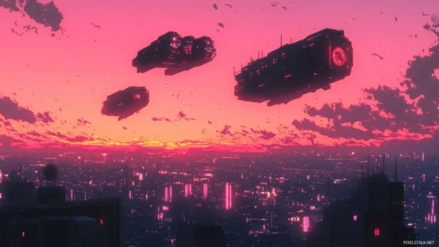 Anime sky over a futuristic city, with glowing neon lights and large spaceships soaring above.