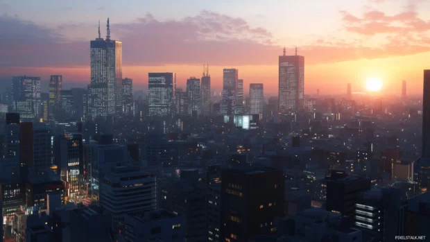 Anime style city view at dusk, with gentle gradient tones and simplified architecture.