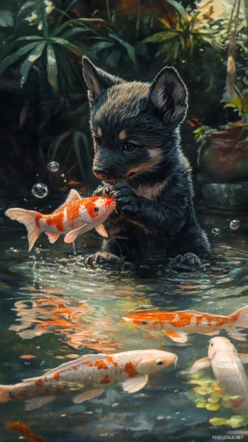 Anime wolf pup with oversized ears playing in a shallow pond with koi fish swimming around.