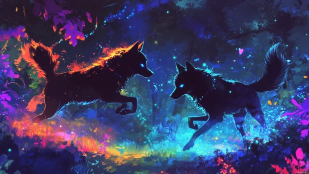 Anime wolf wallpaper featuring two wolves, one shadow and one light, running through a magical forest path.