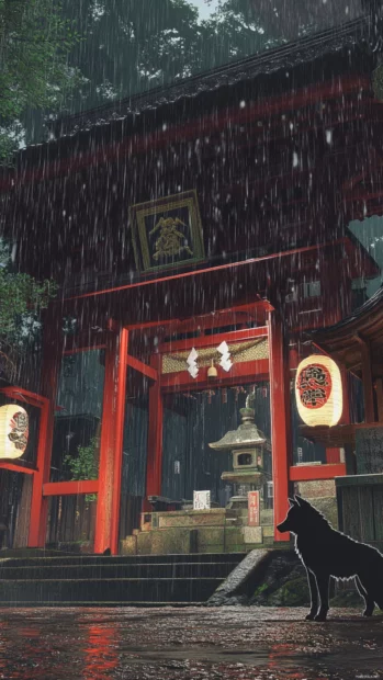 Anime wolf  wallpaper of a noble wolf guardian protecting a shrine under the rain.