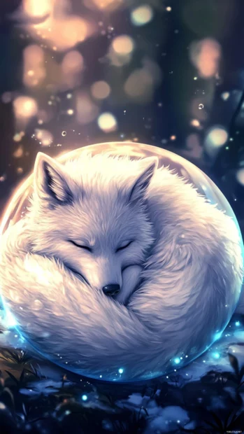 Anime wolf  wallpaper showing a chibi style white wolf curled up in a glowing orb.