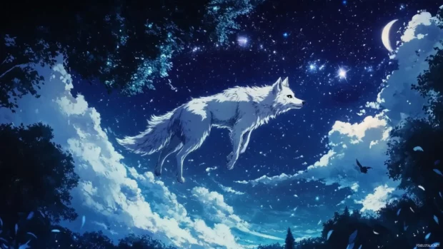 Anime wolf wallpaper showing a peaceful night scene where the wolf floats above stars and constellations.
