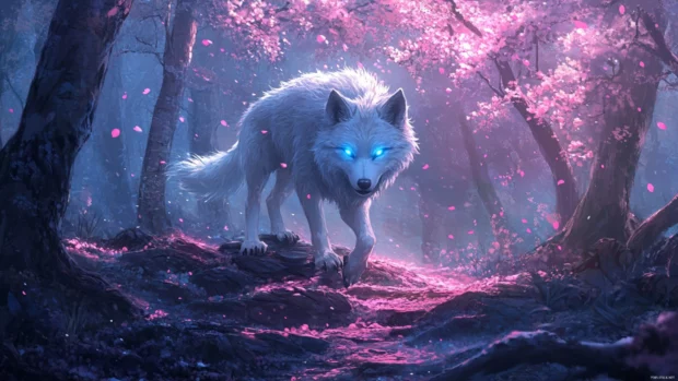Anime wolf wallpaper showing a white wolf with glowing blue eyes standing in the middle of a sakura forest.