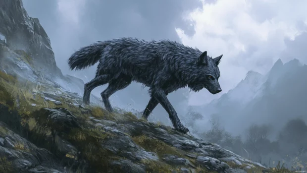 Anime wolf wallpaper where a battle scarred black wolf walks through a misty mountain pass under dramatic skies.