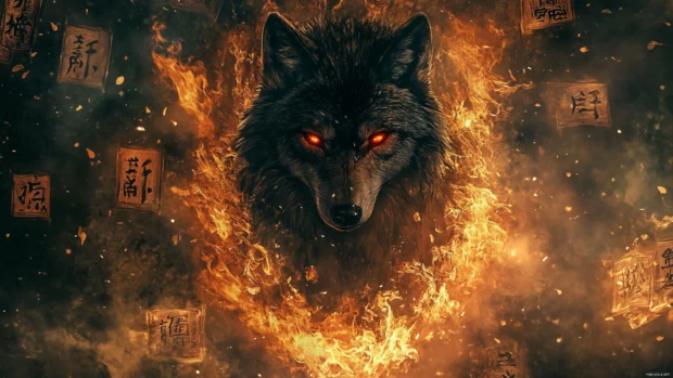 Anime wolf wallpaper with a red eyed wolf spirit surrounded by flames and floating kanji symbols.