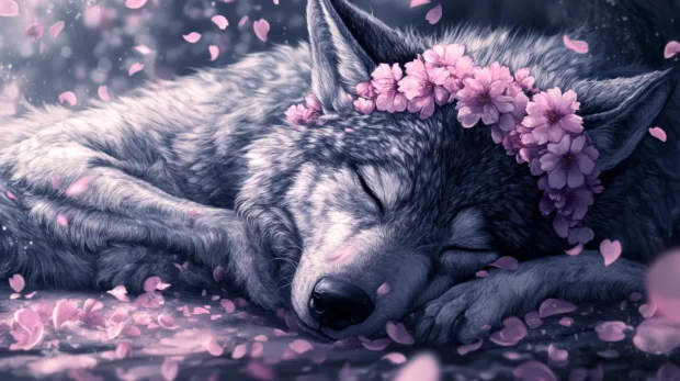 Anime wolf with flower crown sleeping beneath falling sakura blossoms, peaceful and serene.