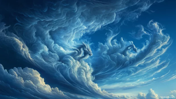 Artistic animal shaped clouds in bright blue sky.