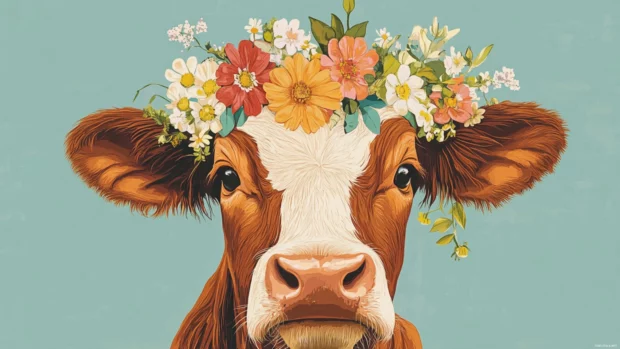 Artistic illustration of a cow with flowers on its head.