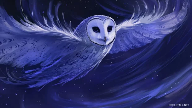 Artistic owl desktop background with the owl feathers flowing into abstract night sky brushstrokes.