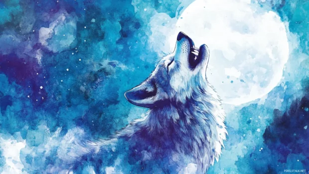 Artistic watercolor wolf wallpaper showing a howling wolf in cool toned brushstrokes under moonlight.