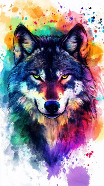 Artistic watercolor wolf wallpaper with a face forward wolf expression fading into vibrant splashes.