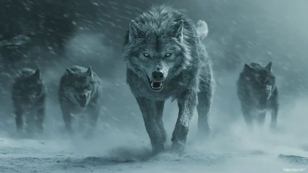 As the wind swirls snow across their path, the pack presses on in perfect sync in this HD background.